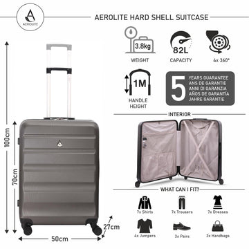 Aerolite 25" Medium Lightweight Hard Shell Checked In Hold Luggage Suitcase with 8 Wheels, 82L Capacity, 70x50x27cm